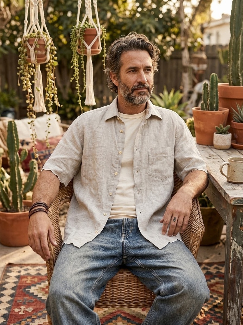 Gran Sasso Casual Short-Sleeve Linen Shirt in Light Beige